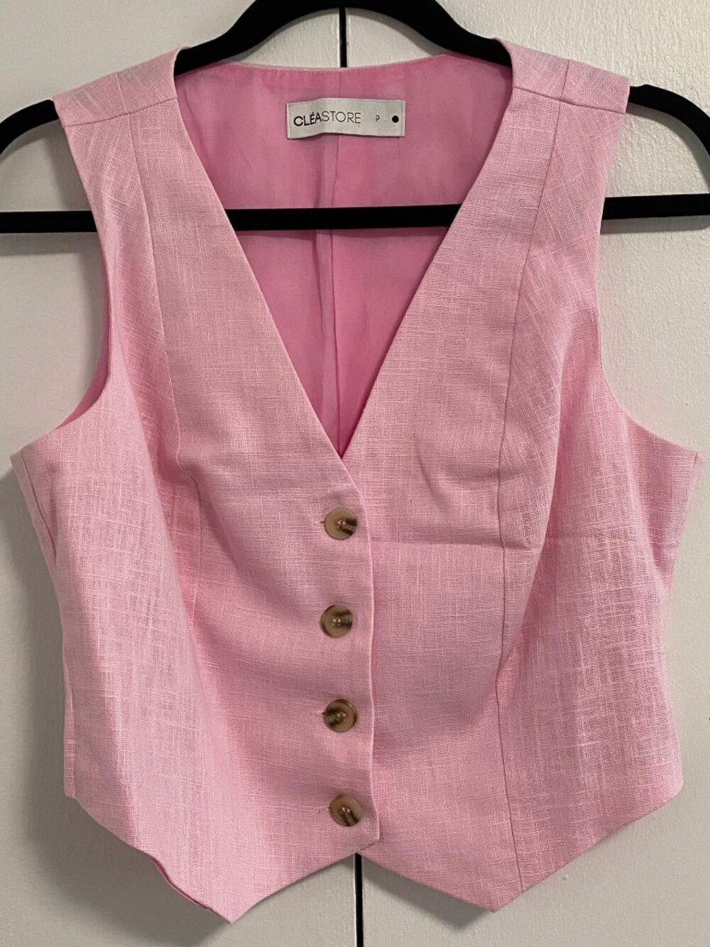 Pink Linen Blend Tailored Vest (Button-Front)